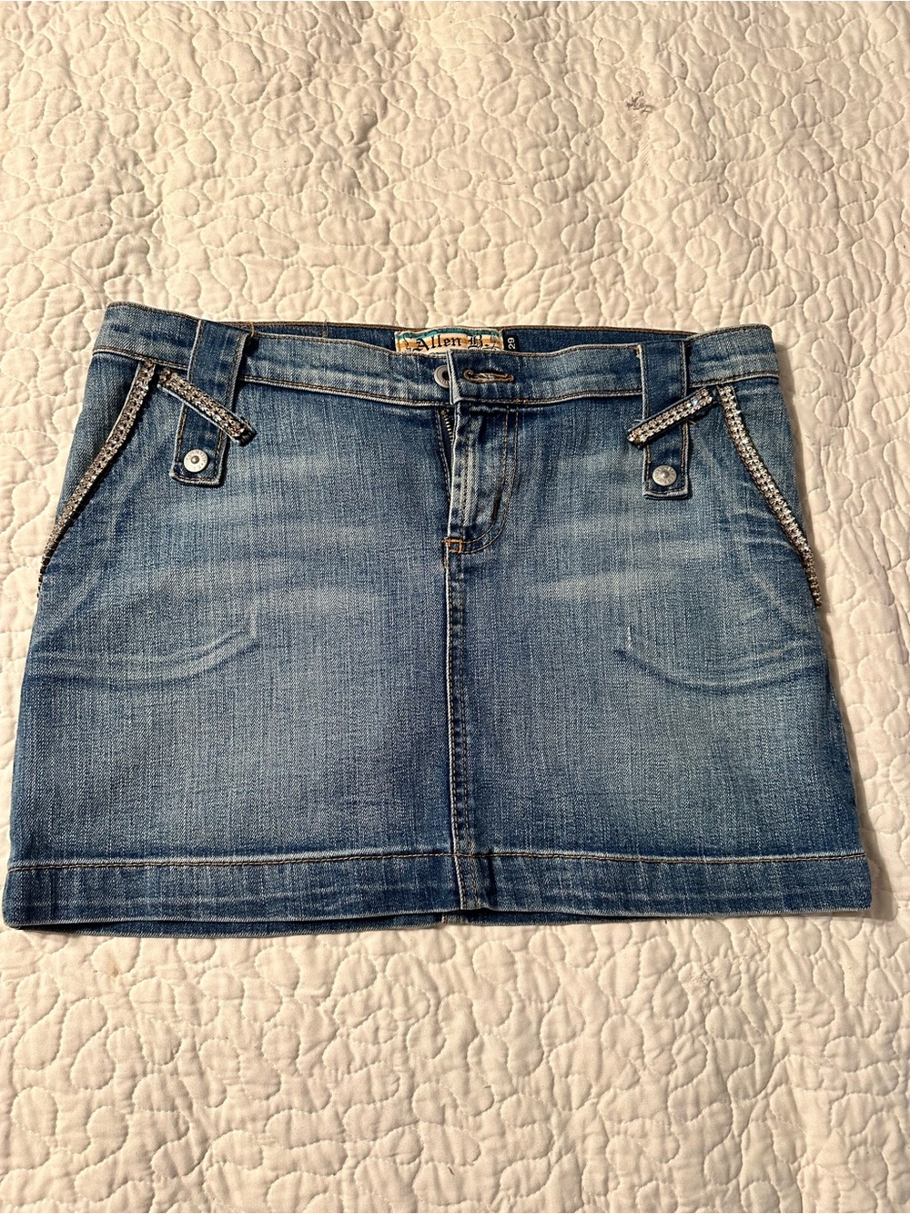 Allen B. Blue Denim Mini Skirt with Embellished Pockets